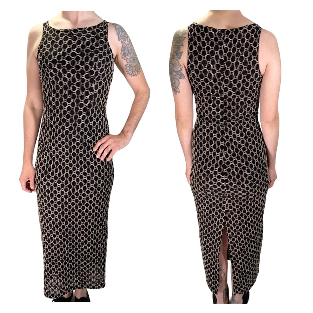Vintage Maxi Dress Black Beaded Embroidered Sleeveless Slit 80s 90s Gothic